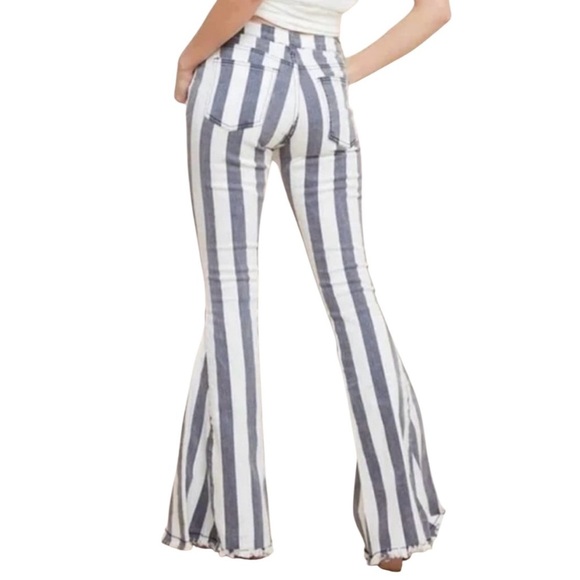 Altar'd State Blue & White Mid Rise Striped Flare Bell Bottom Raw Hem Small Jean - Picture 1 of 10